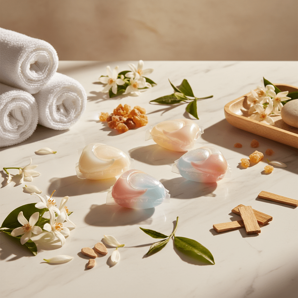 Luxury laundry pods with neroli, tea, amber, and sandalwood on marble.