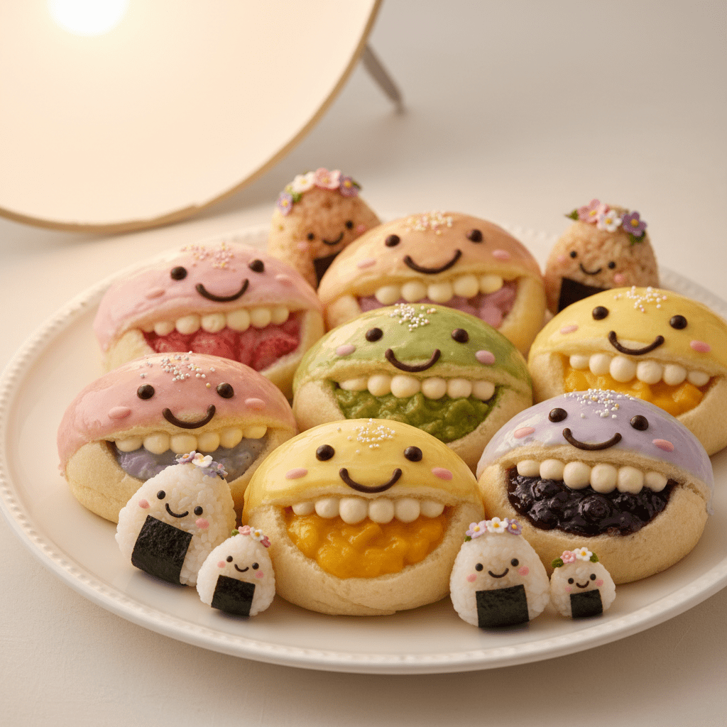Kawaii artisanal pastries and figurine-style onigiri families on a white ceramic plate.