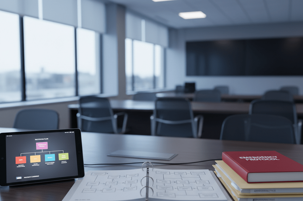 Desk with crisis flowcharts and succession charts under natural light symbolizing business resilience