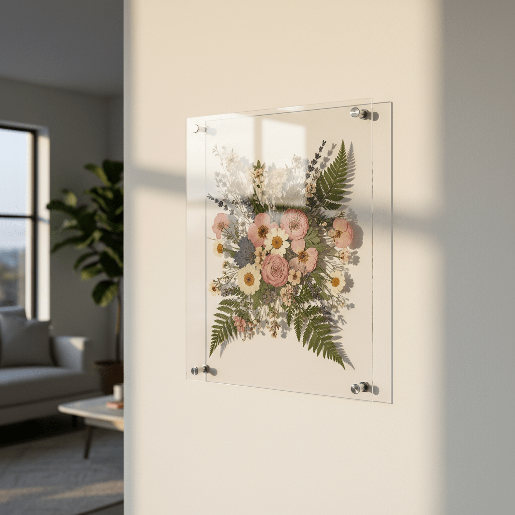 Delicate pressed flower artwork in a frameless poster frame against a white wall.