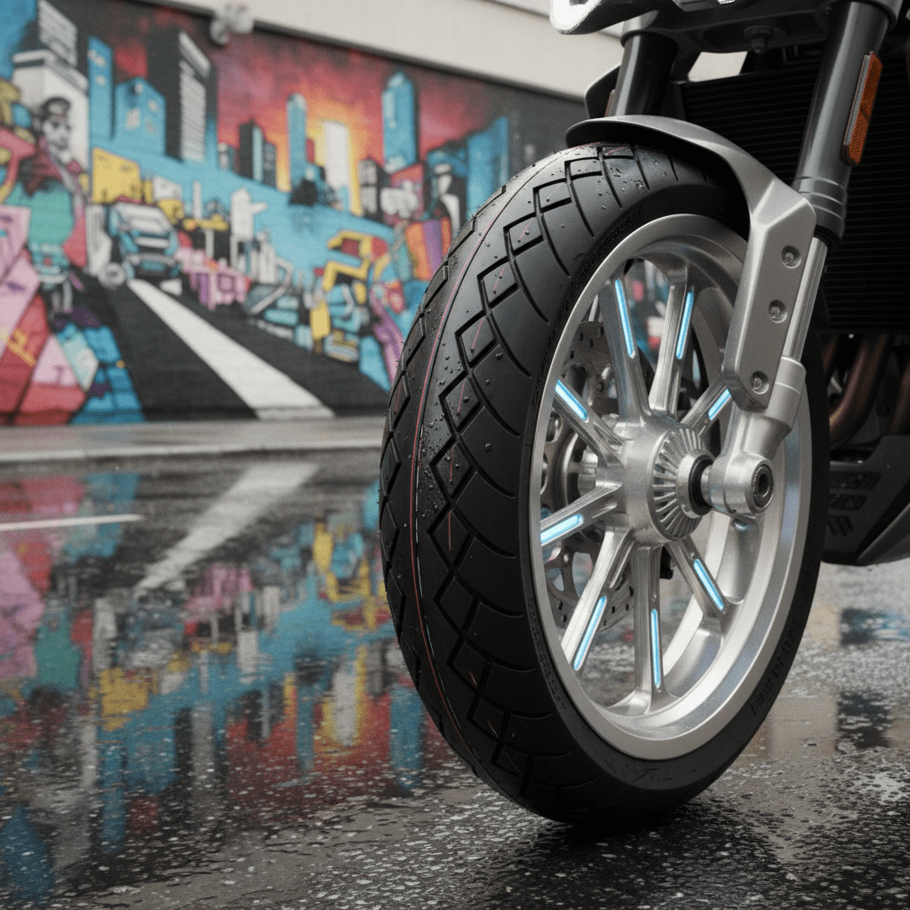Futuristic supermoto tire on a commuter bike on a wet urban street.