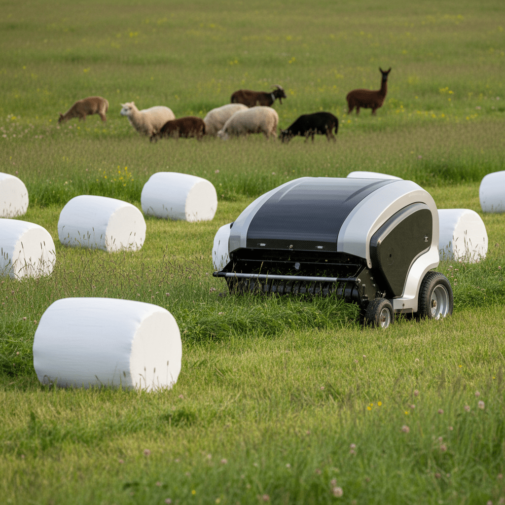 Modern mini baler producing white silage bales in a green pasture with grazing animals.