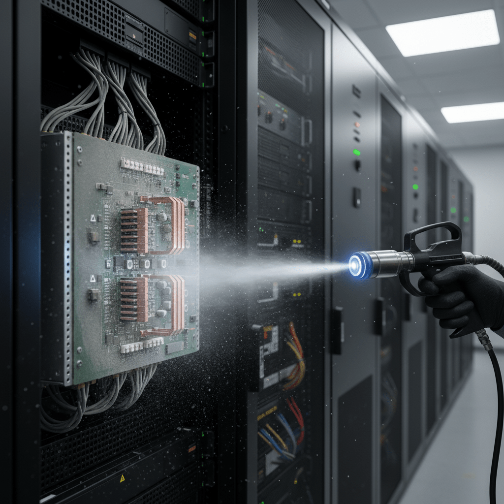 Macro view of dry ice blasting cleaning a delicate circuit board.