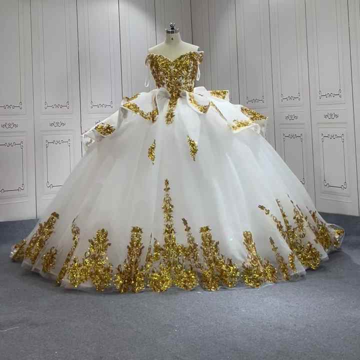 white and gold quince dress House of Wu 56445 Glitter Floral Off The Shoulder Quinceanera Dress