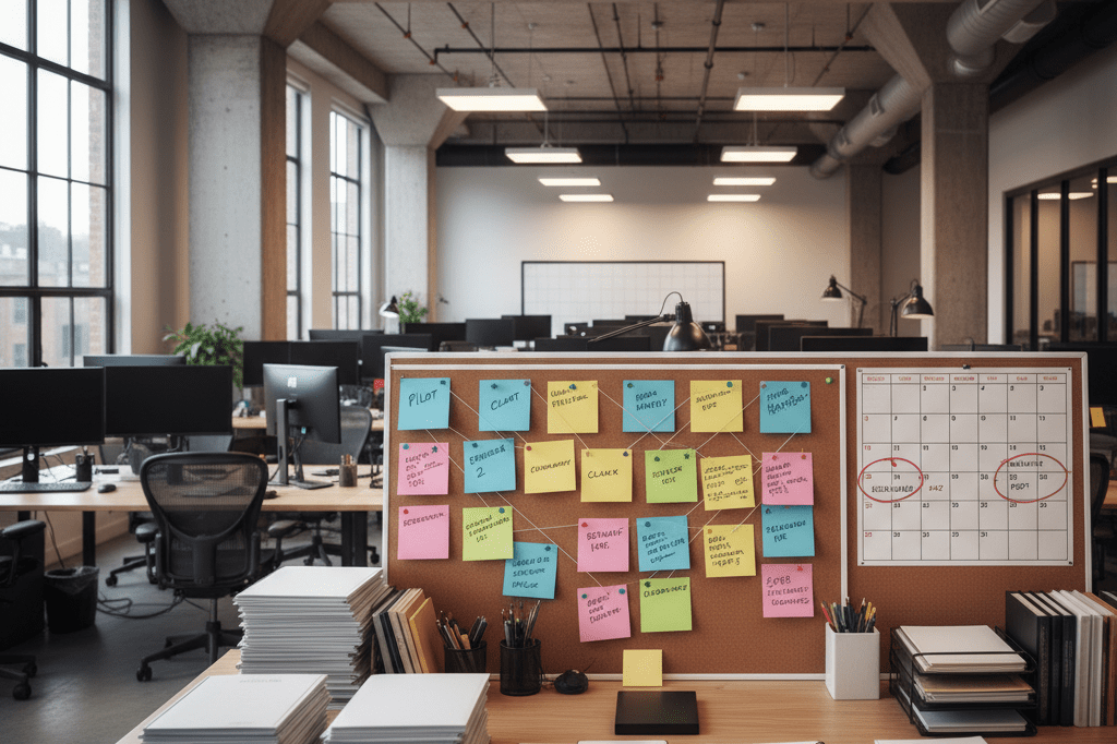 Wide shot of a tidy production office with scripts, corkboard, and calendar under natural and ambient light, symbolizing structured project timelines