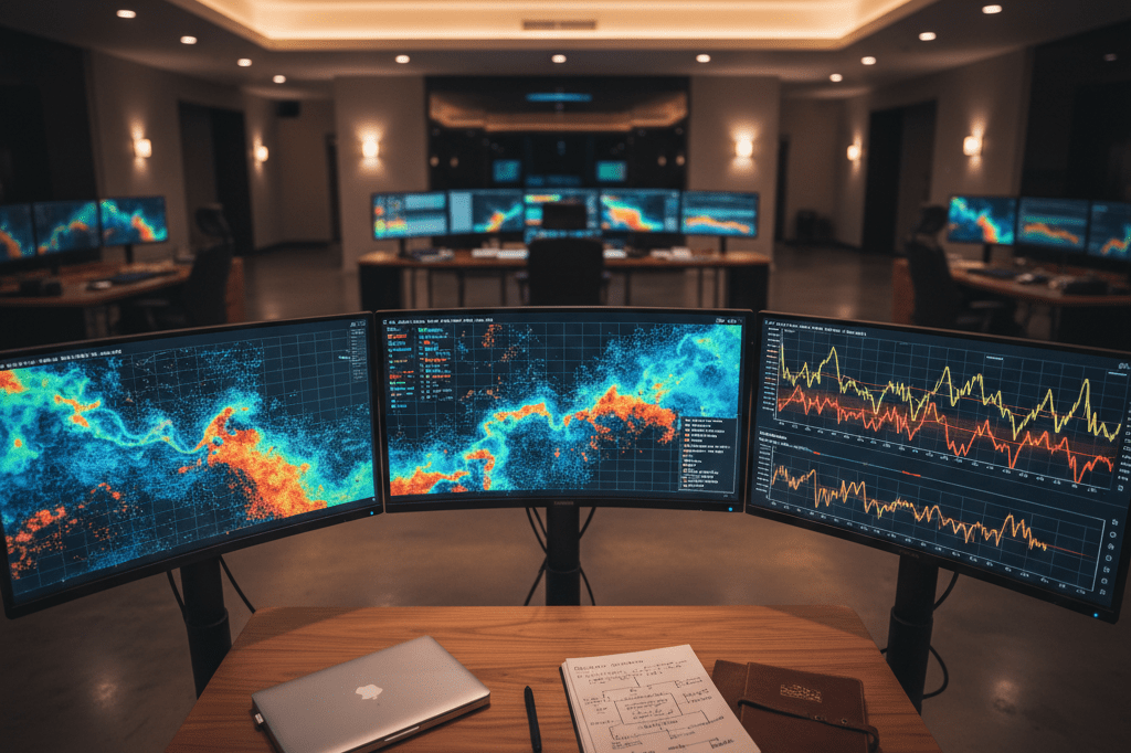Wide shot of a tech-filled tracking station with monitors showing abstract migration patterns under ambient lighting