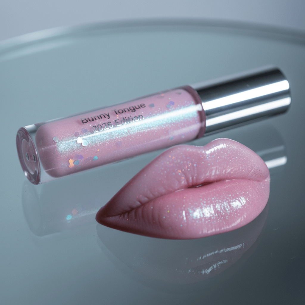Close-up of pale pink lip gloss with lavender undertones and holographic shimmer.