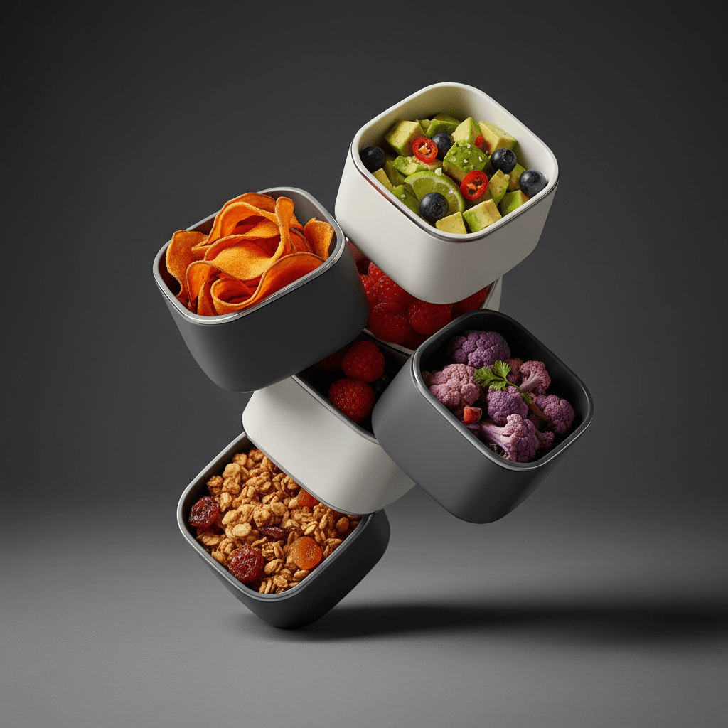 Artistic sculptural arrangement of customizable snack cups with vibrant food textures.