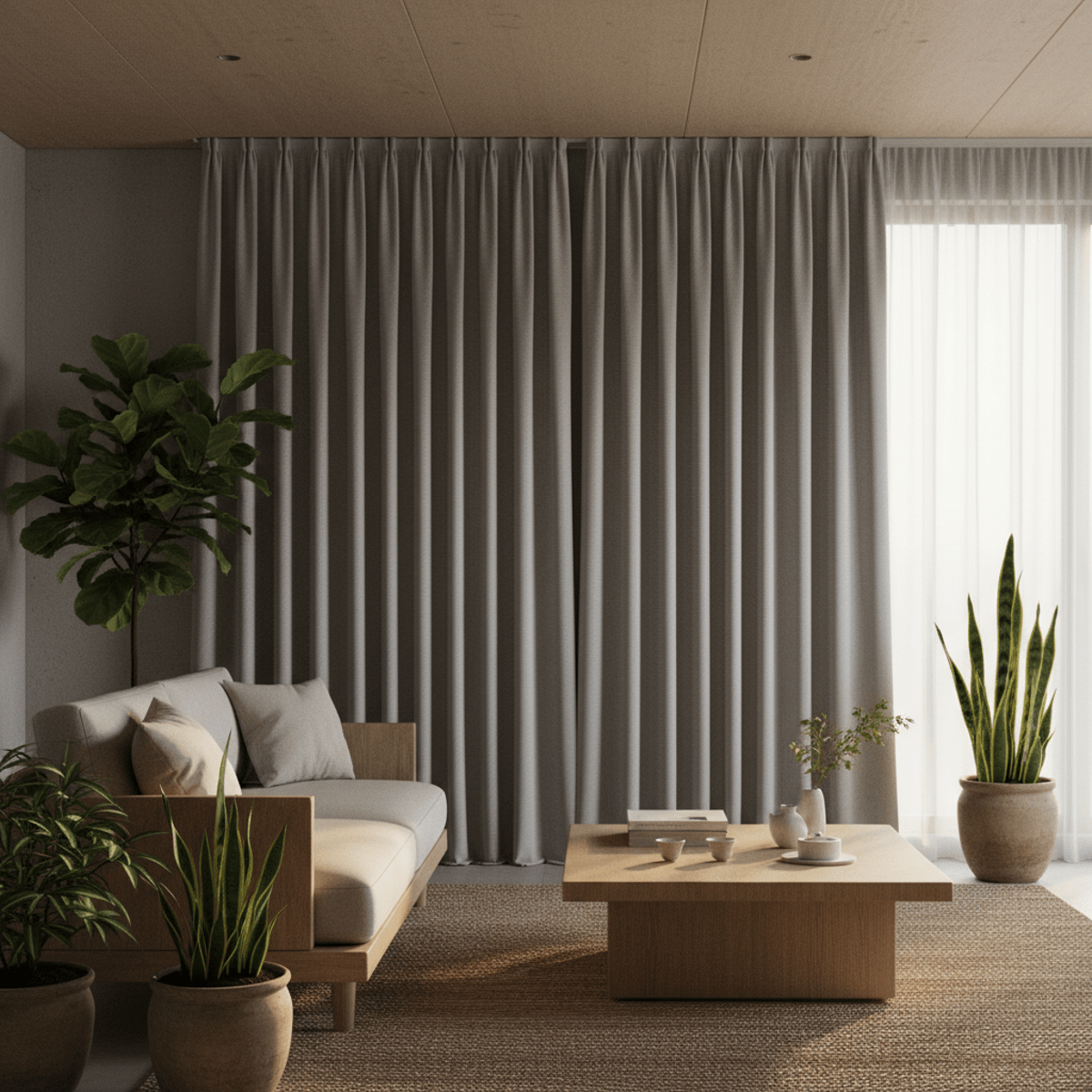 Japandi wave fold curtains in a serene, sunlit living room. Modern Japandi wave fold curtains in soft gray fabric, illuminating serene living room.