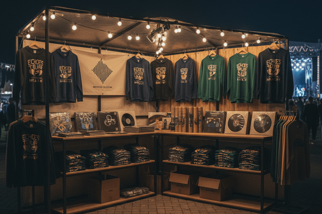 Wide shot of a concert merch booth at night, featuring limited-edition apparel under soft ambient lighting, evoking milestone marketing strategies