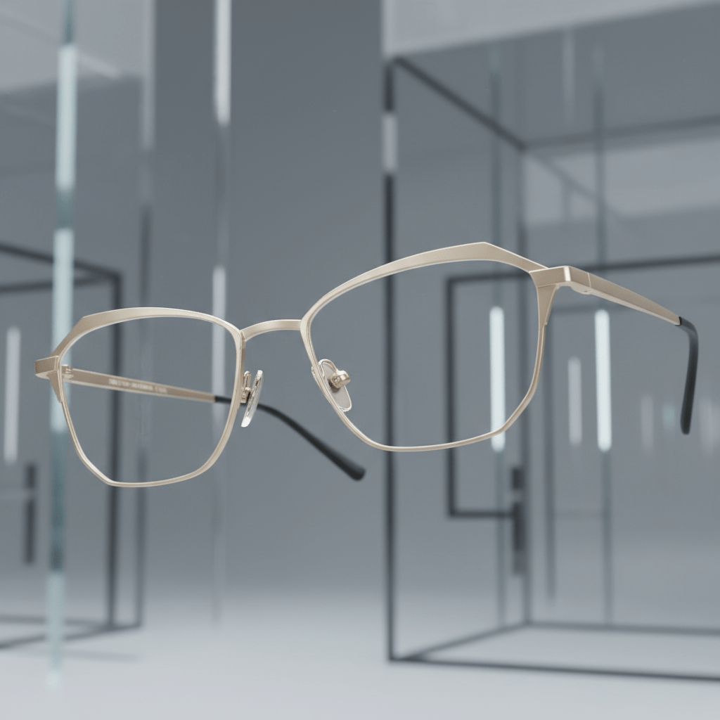 Close-up of futuristic champagne gold titanium eyeglasses with minimalist angular lines.