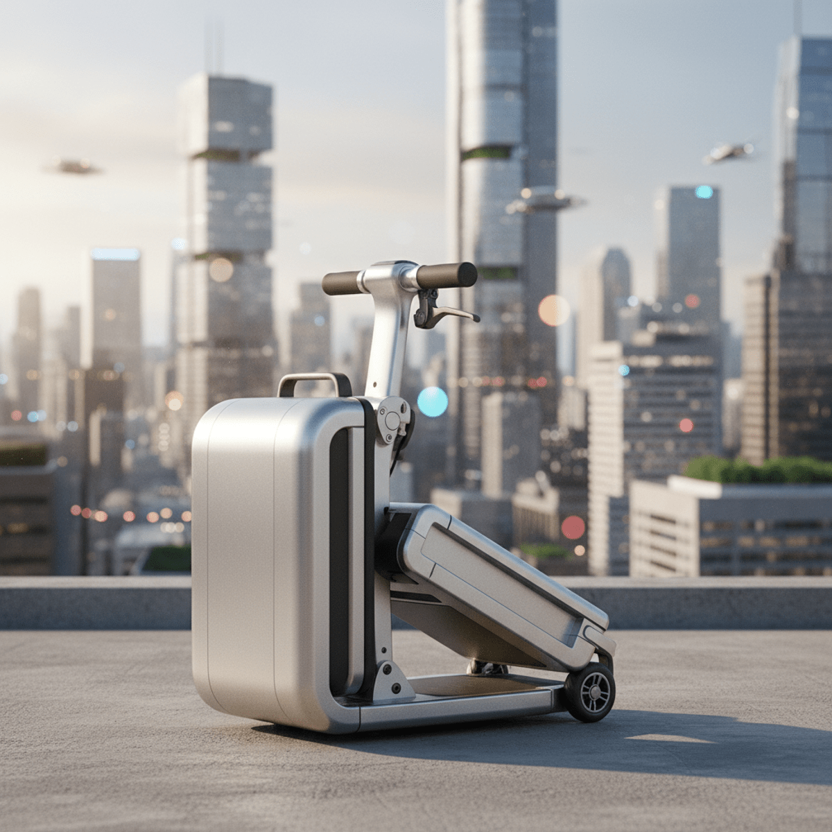 Compact folding scooter, metallic silver, urban rooftop view. Ultra-lightweight folding mobility scooter with sleek metallic silver finish mid-folding.