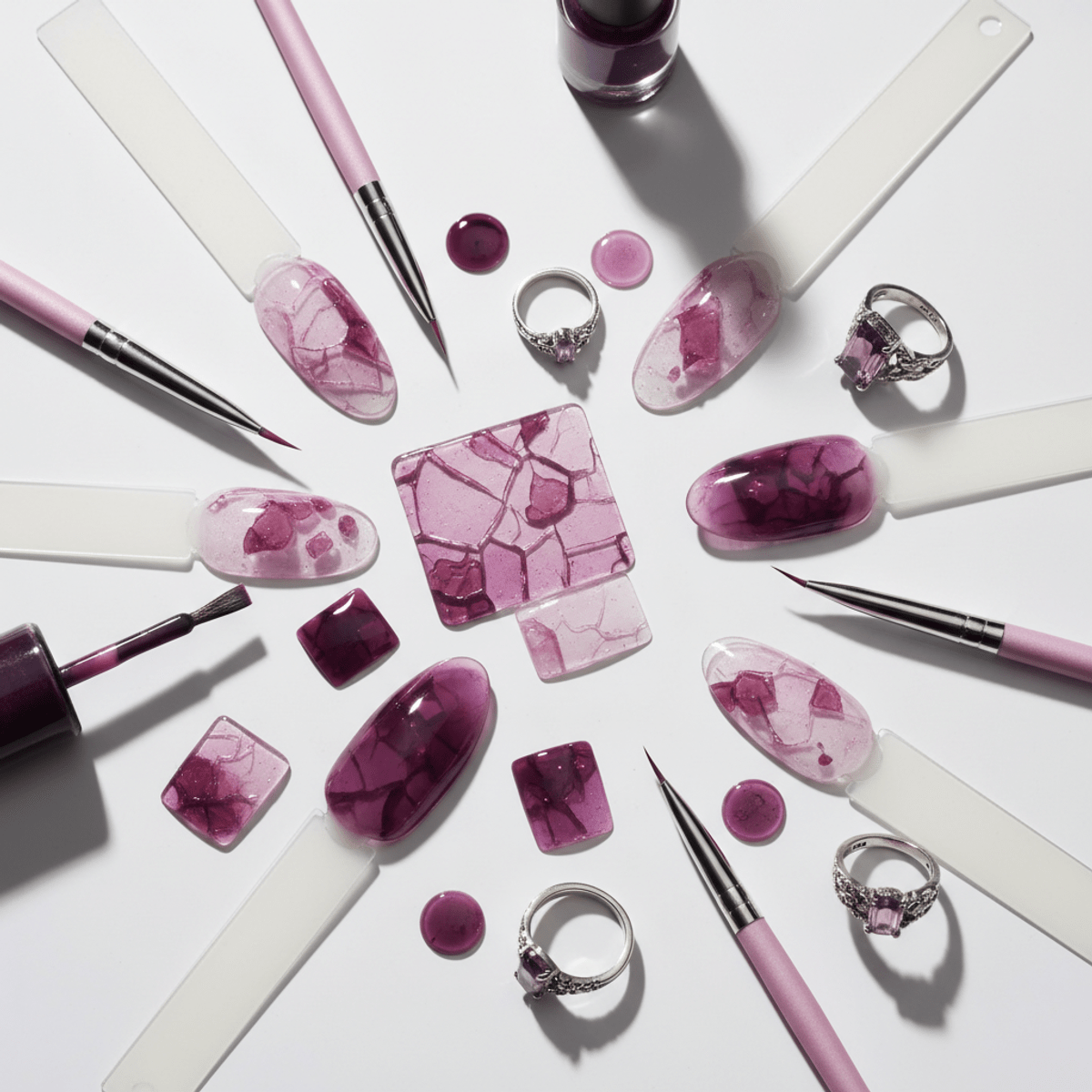Overhead shot of plum nail art swatches with tools on glossy surface.