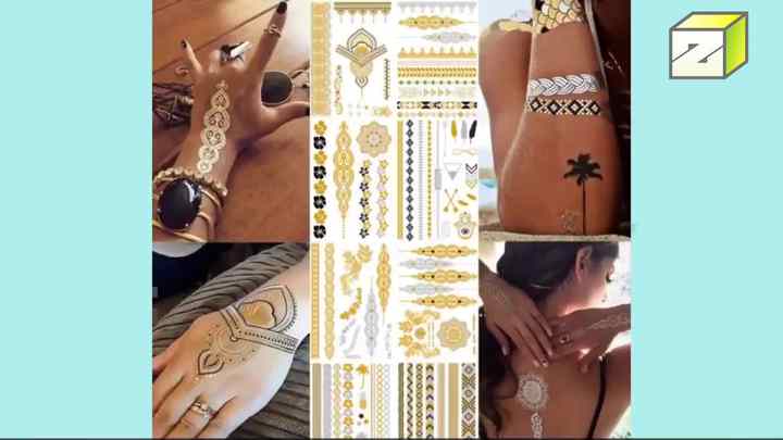 65 Designs Metallic Gold Temporäre Tattoos – Bunte Glitzer-Tattoos Mit Blumenmustern, 8 Große Blätter
