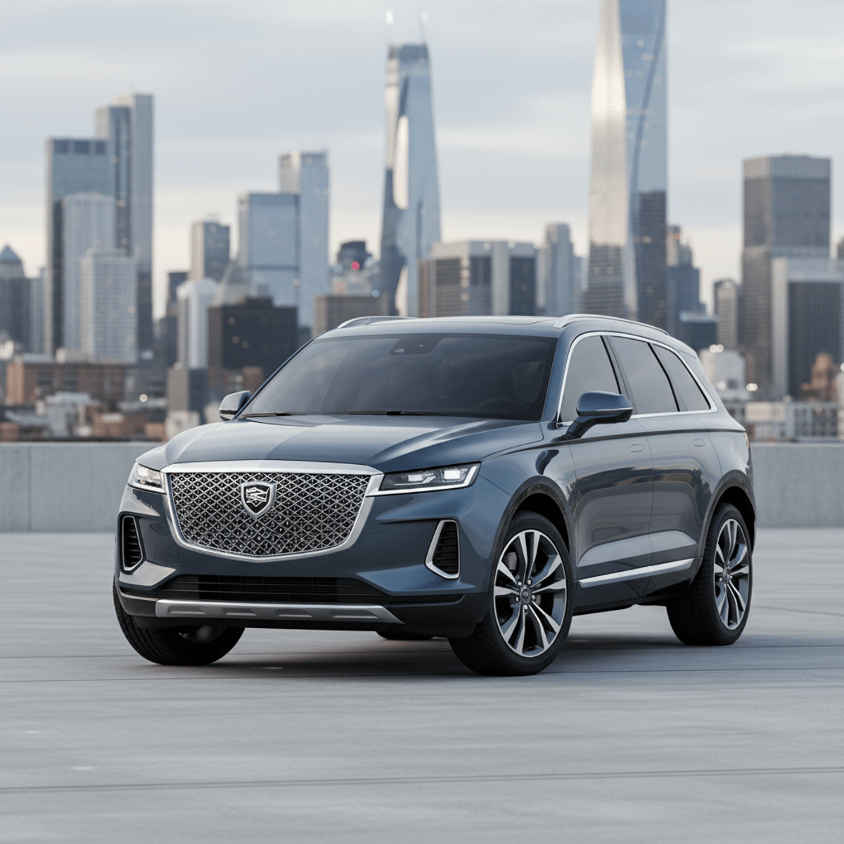Bold athletic SUV with chrome grille parked on modern rooftop, city skyline backdrop.