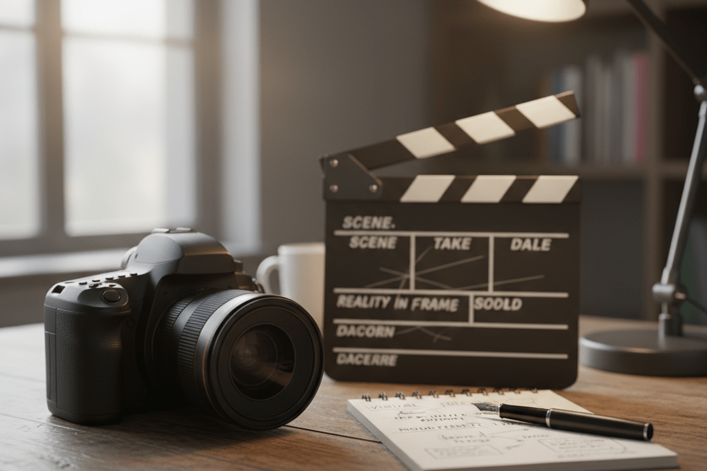 Professional camera, clapperboard, and notepad under natural light emphasizing critiques of visual authenticity in filmmaking