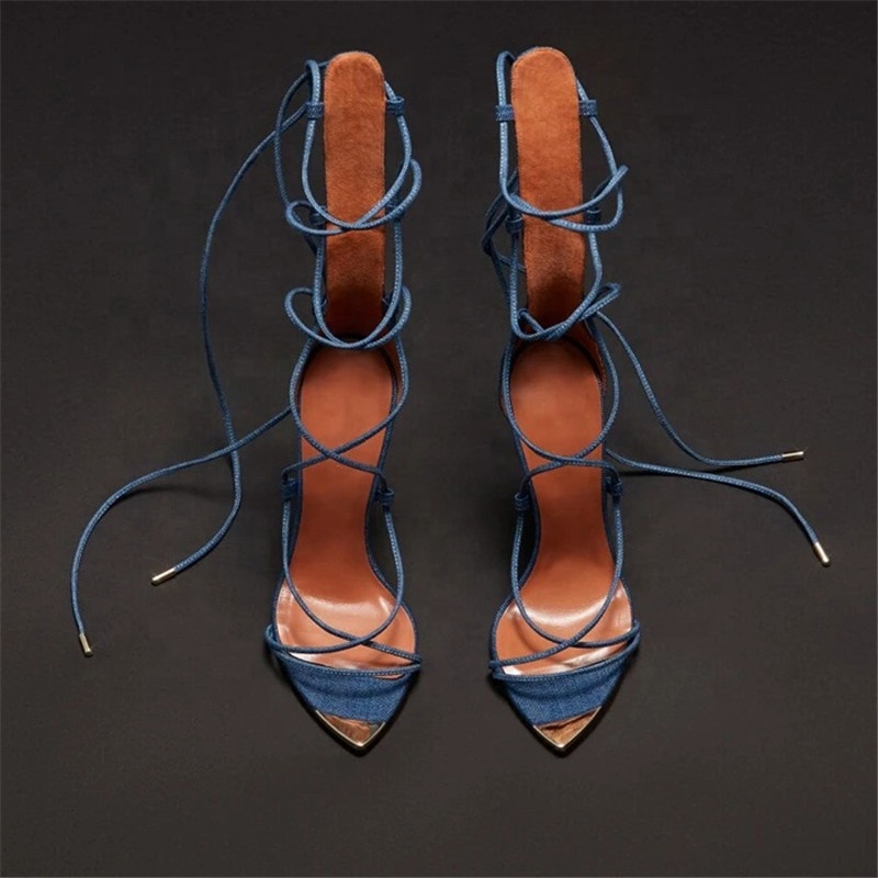 2021 New Arrival Women Best quality denim and kid leather laces tie up spike high heels women lady sandals
