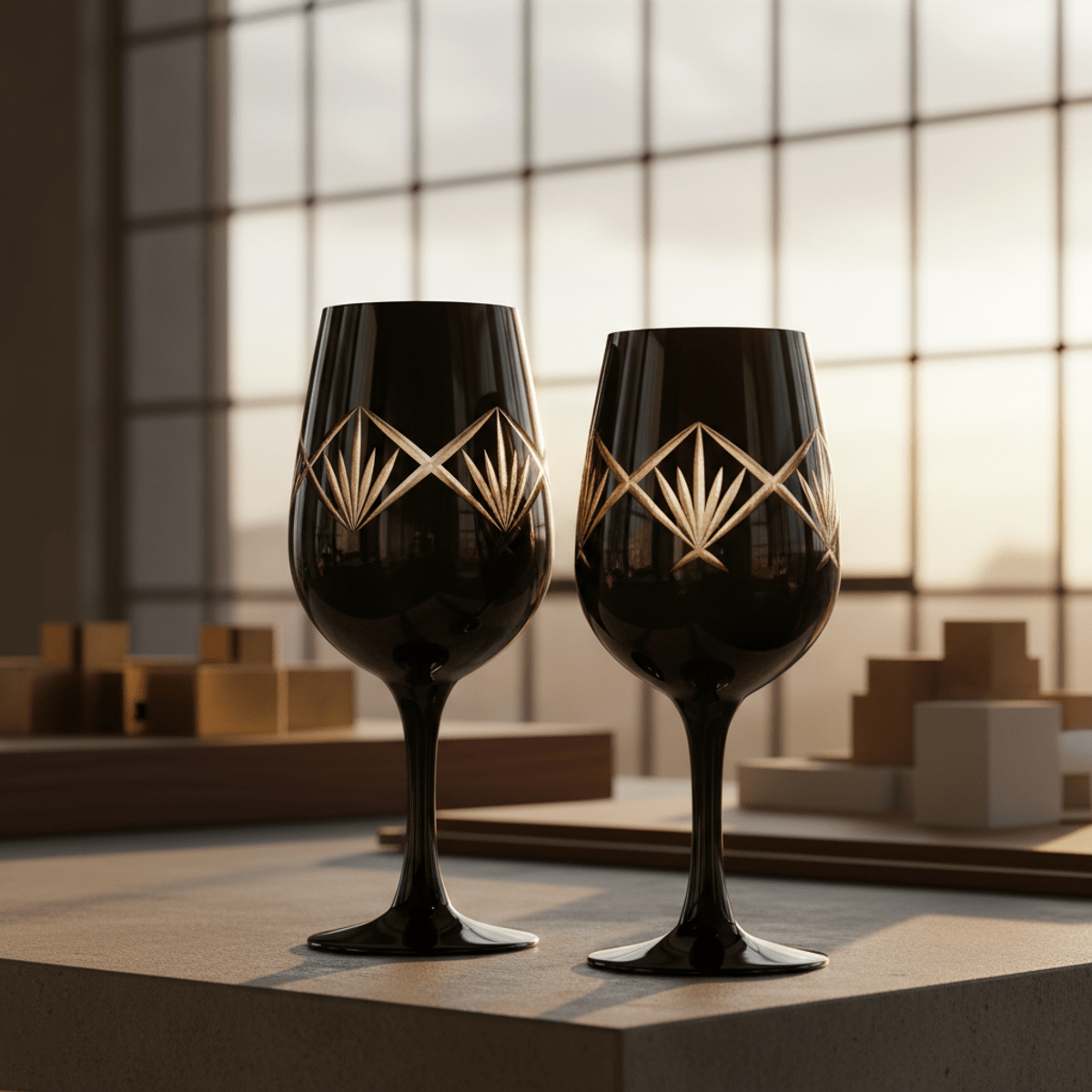 Close-up of black wine glasses with etched Art Deco designs in warm sunlight.