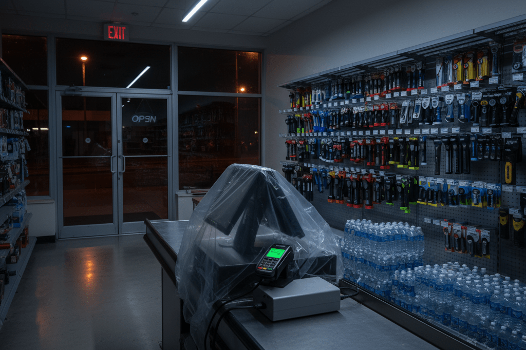 Checkout counter lit by emergency LEDs with backup systems and stocked essentials amidst a power outage