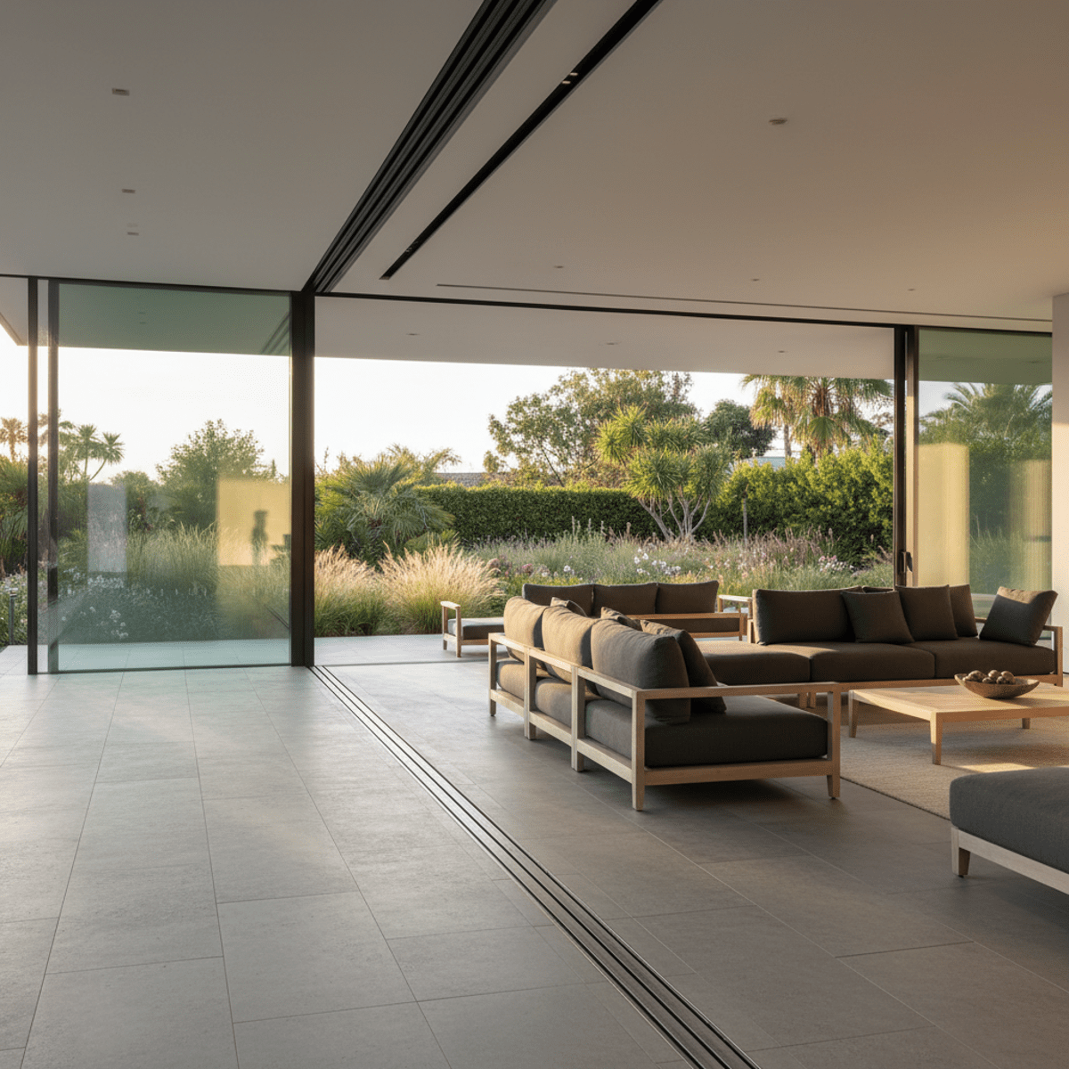 Modern residence with seamless indoor-outdoor flow, featuring glass doors and continuous pavers.