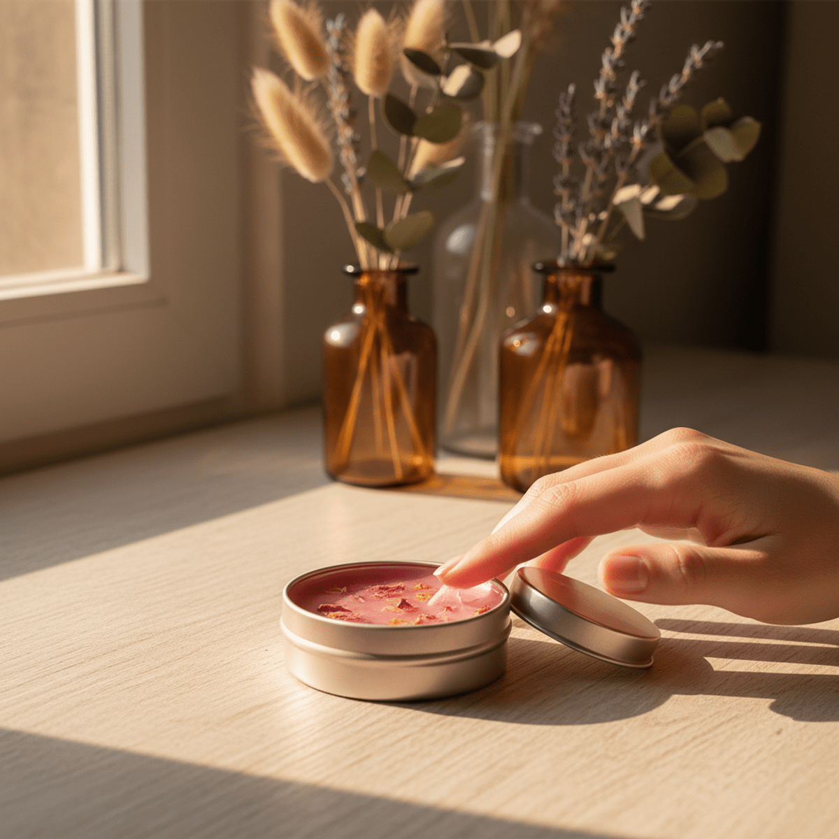 Lip balm application in golden hour light on vanity. Fingertips gently touch pink lip balm on a wooden vanity in warm sunlight.