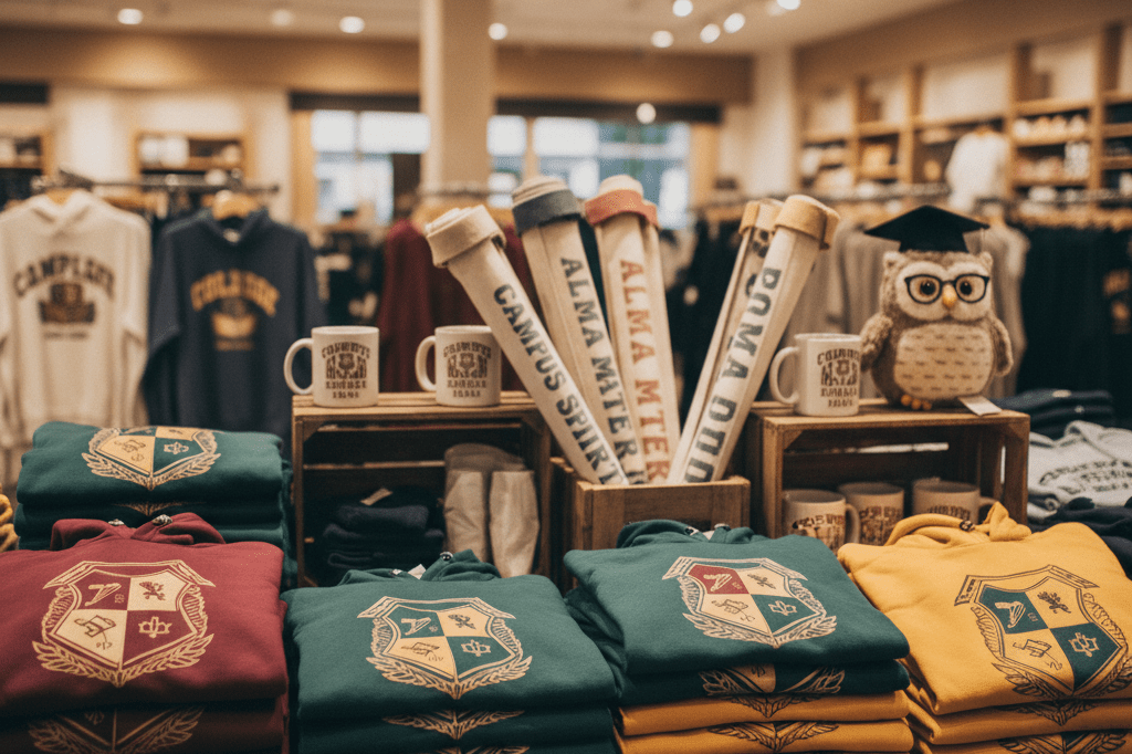 Retail table with generic college hoodies and pennants under warm lights showing merchandise demand