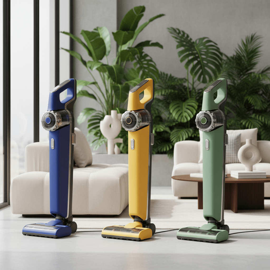 Sleek modern vacuum cleaners in bold matte colors displayed in a sunlit living room.