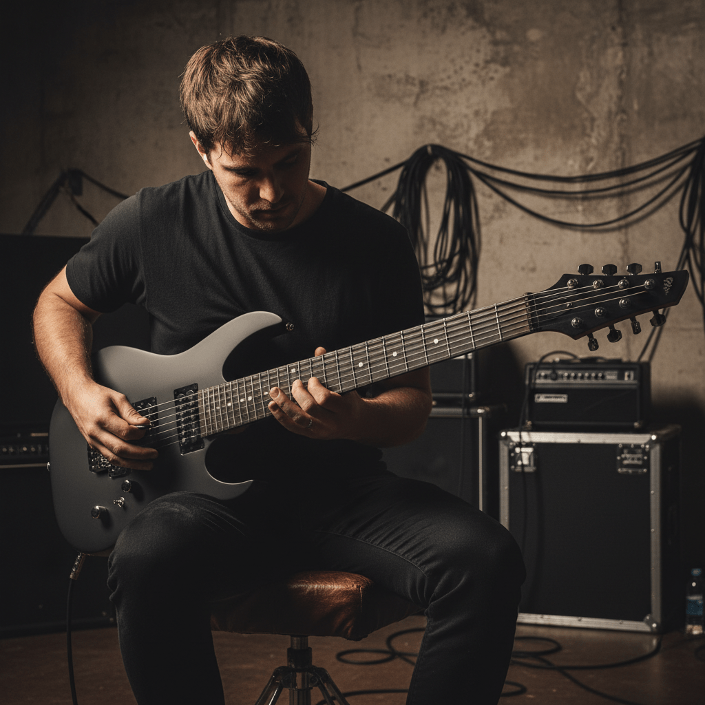 Progressive metal musician with fanned-fret baritone guitar in dimly lit studio.