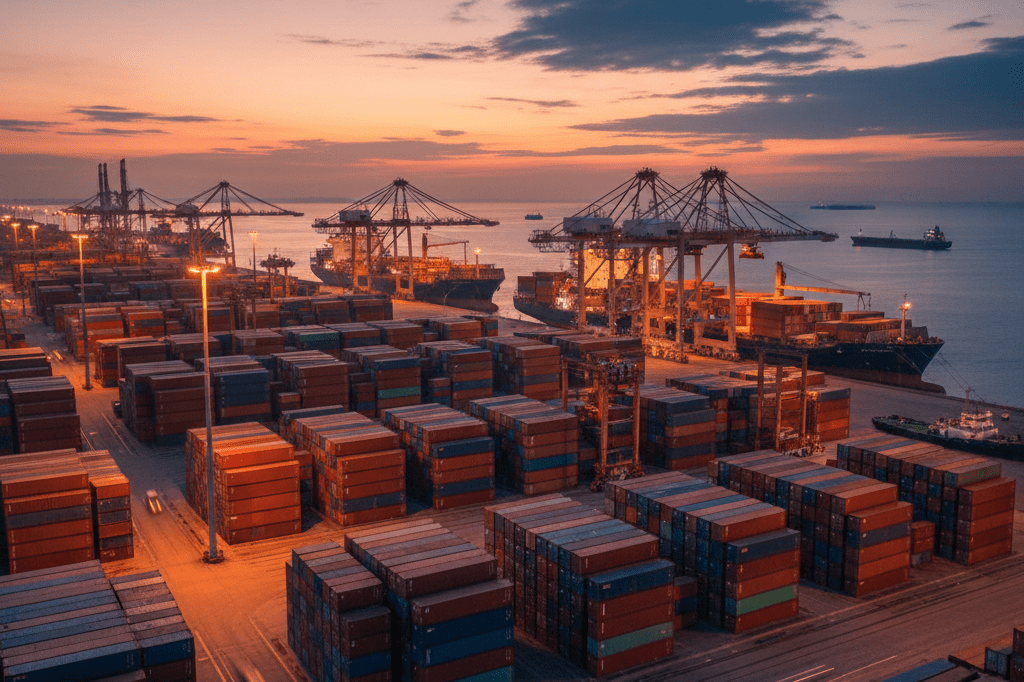 Wide-angle view of a busy port with stacked cargo containers under warm evening lights, symbolizing supply chain complexity