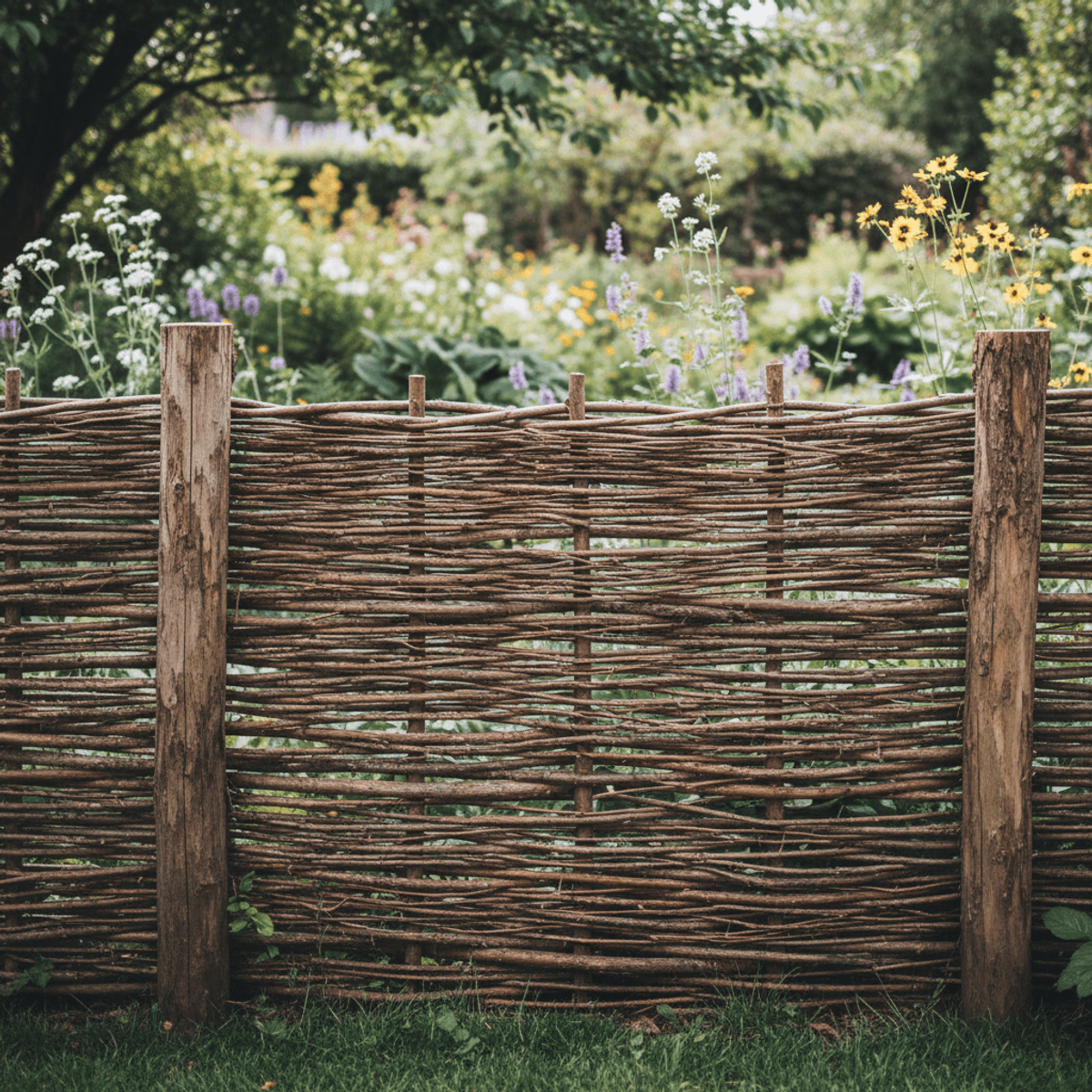 Rustic woven wattle garden fence made from willow and hazel branches.