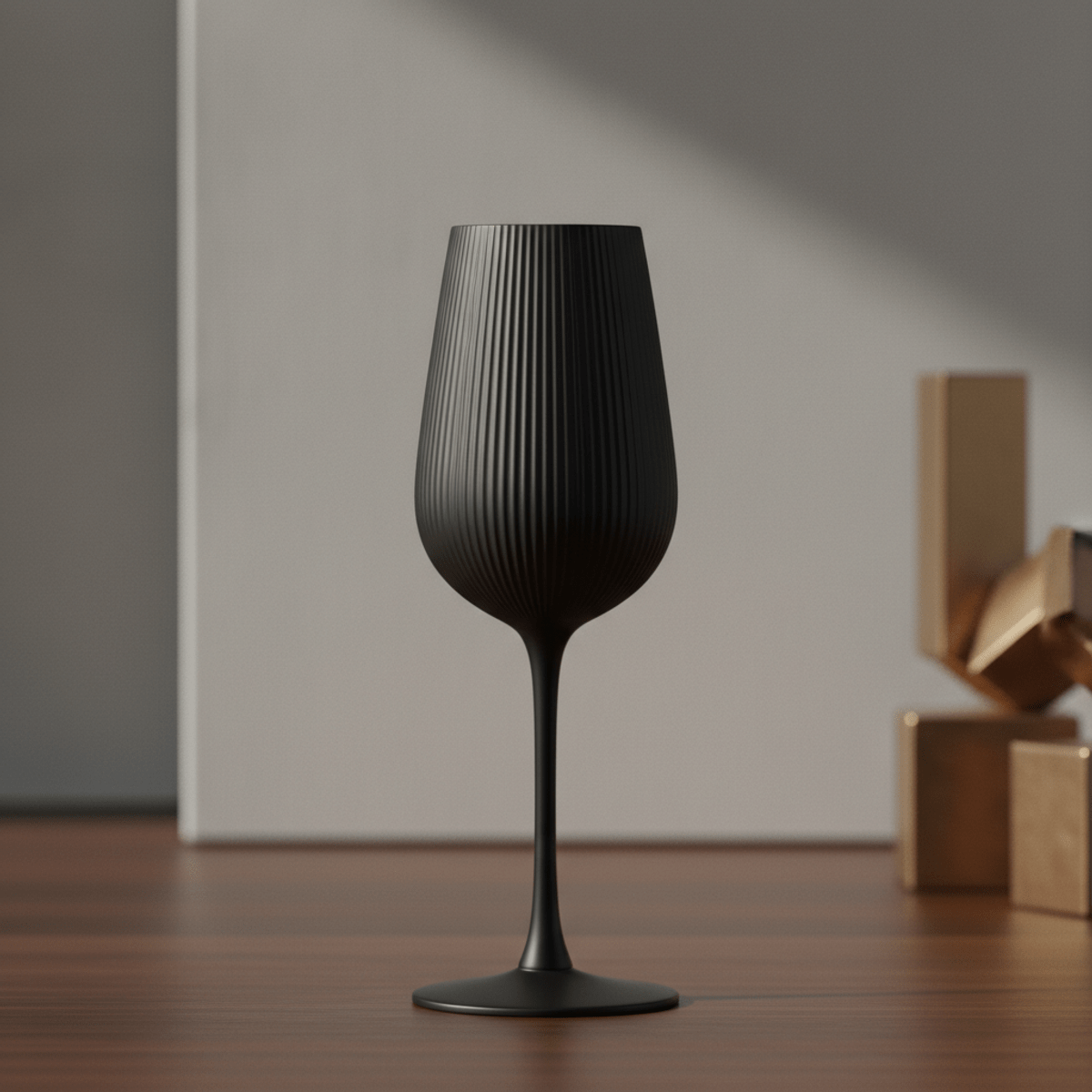 Vertically ribbed black wine glass with elongated silhouette and fluted detailing.
