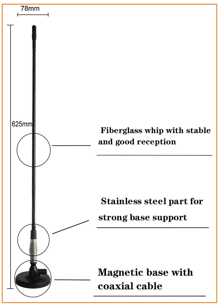 Antena de rádio da antena exterior da fibra de vidro para o carro com base magnética para o 1.5:1 Max Dia da antena de rádio dos CB dos caminhões 78*625mm 26-28mhz