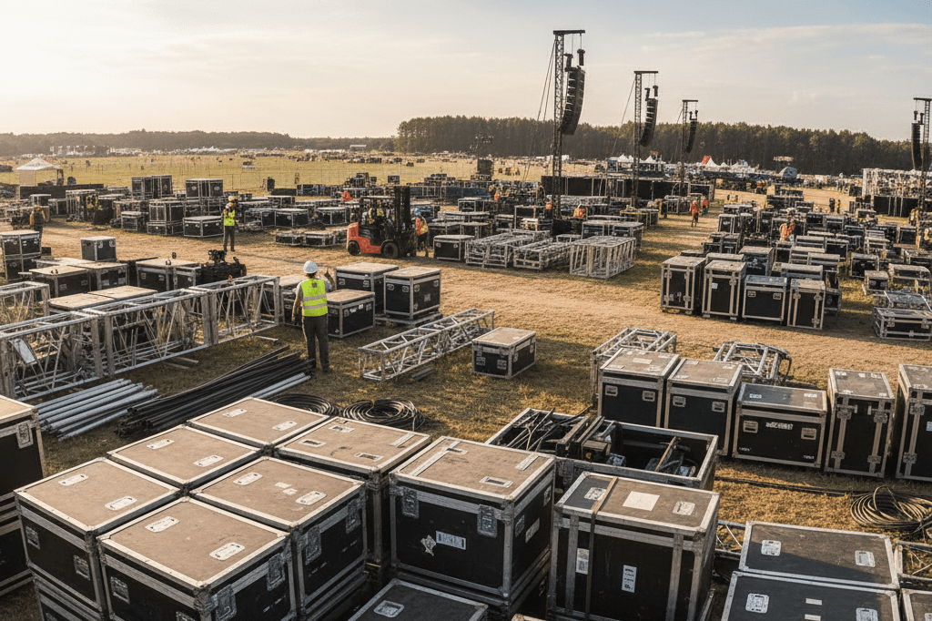 Wide-angle view of festival equipment and staging materials during preparations, reflecting strategic planning and operational efficiency