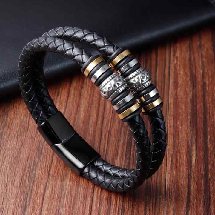Men's Genuine Cowhide Leather Bracelets with Stainless Steel Clasp