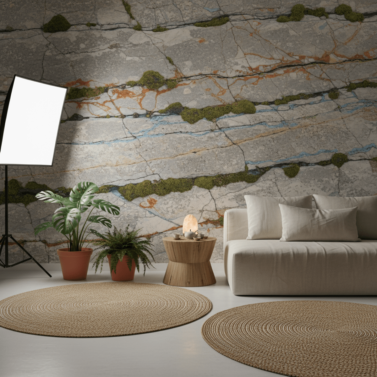 Realistic rock strata and moss textured wallpaper design. Layered, weathered rock strata wallpaper with moss in muted grays and greens.