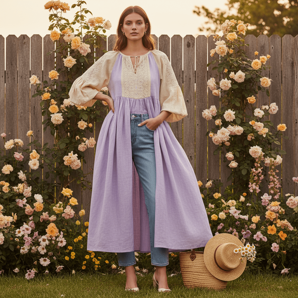 Model in pastel linen midi dress and denim in a rustic garden setting.