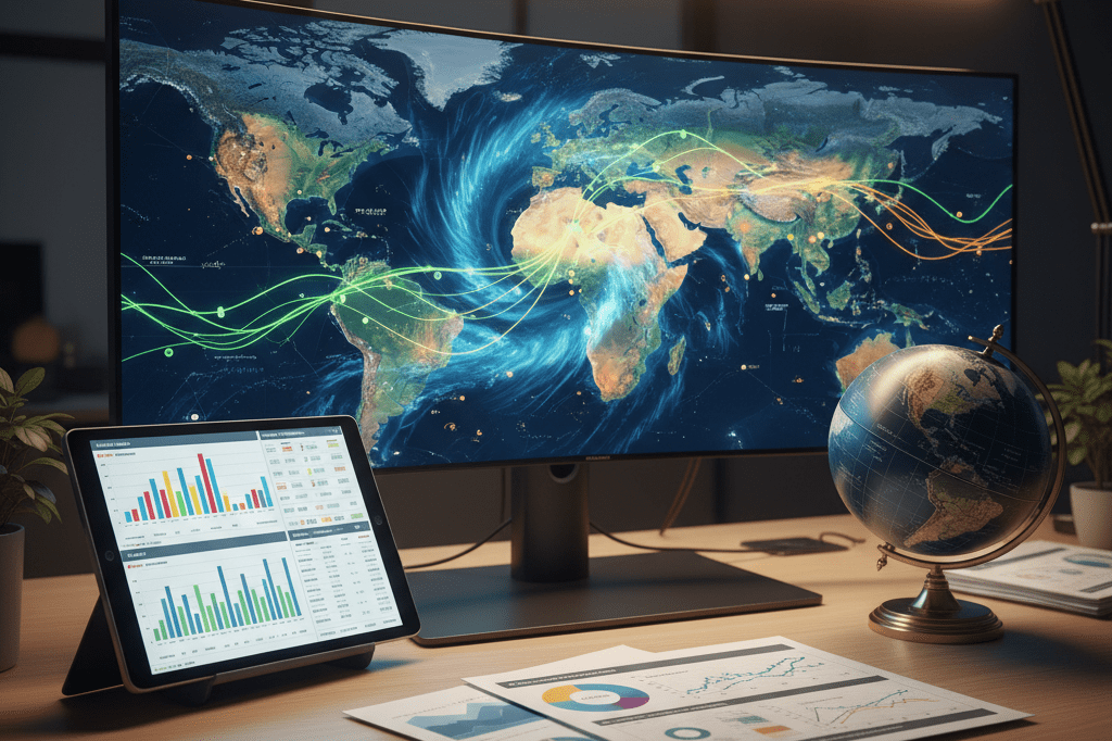 Modern logistics hub preparing for extreme weather disruptions Control room desk with weather maps and data charts under warm light, showing supply chain strategy