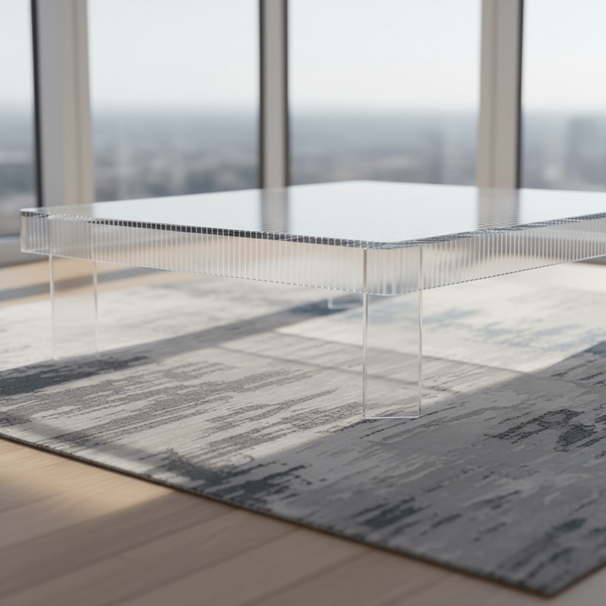 Minimalist frosted acrylic coffee table with fluted textures catching soft diffused daylight.