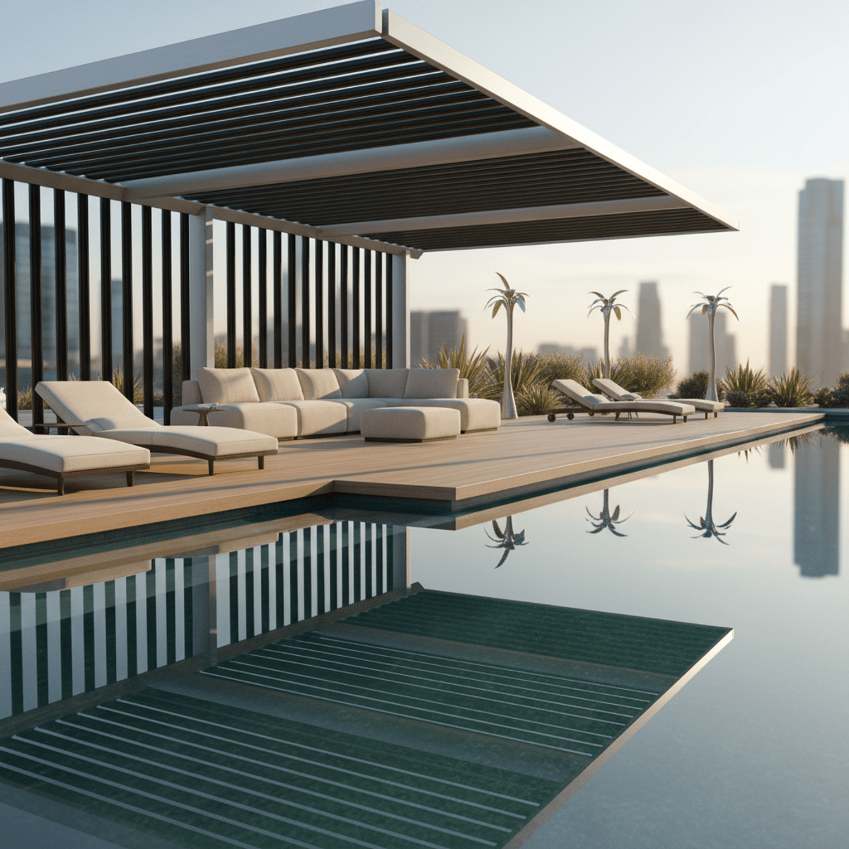 Serene swimming pool with a modern pergola featuring solar thermal tubes and lounge seating.