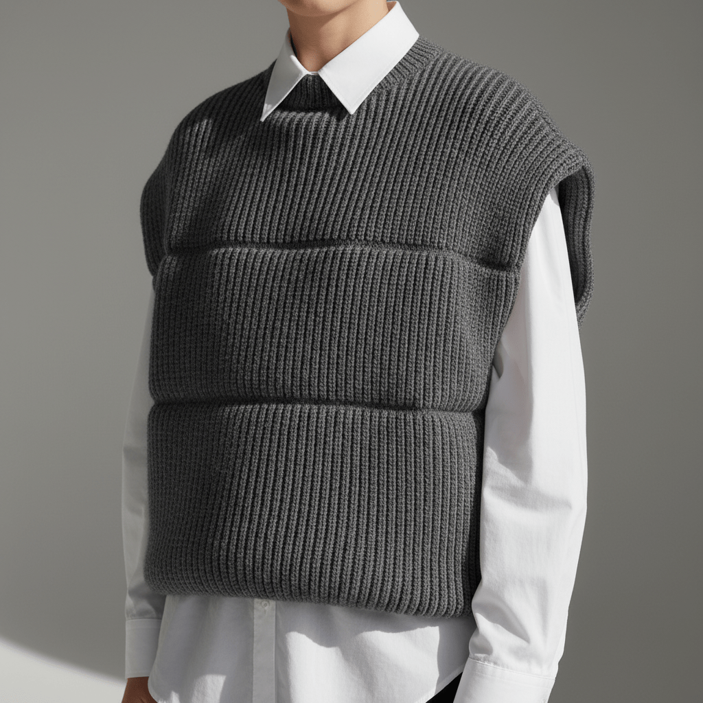 Sleeveless charcoal gray puffy ribbed knit vest draped over a crisp white collared shirt.