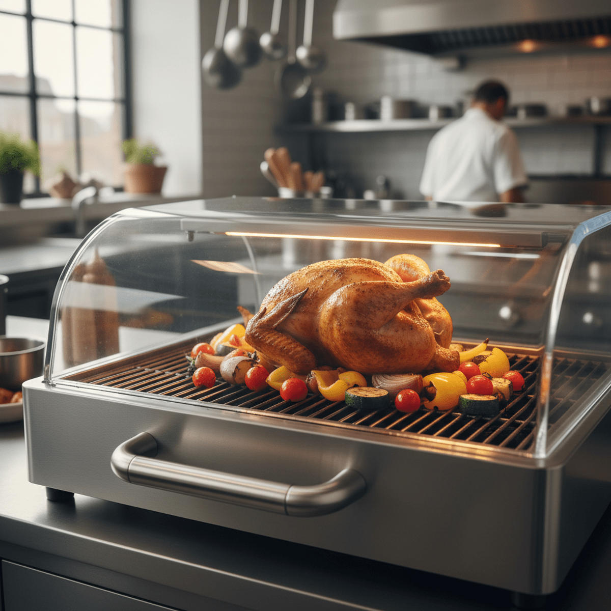 Indoor grill cooks perfect chicken and caramelized vegetables. Indoor grill with clear lid shows browned chicken and veggies under LED light.