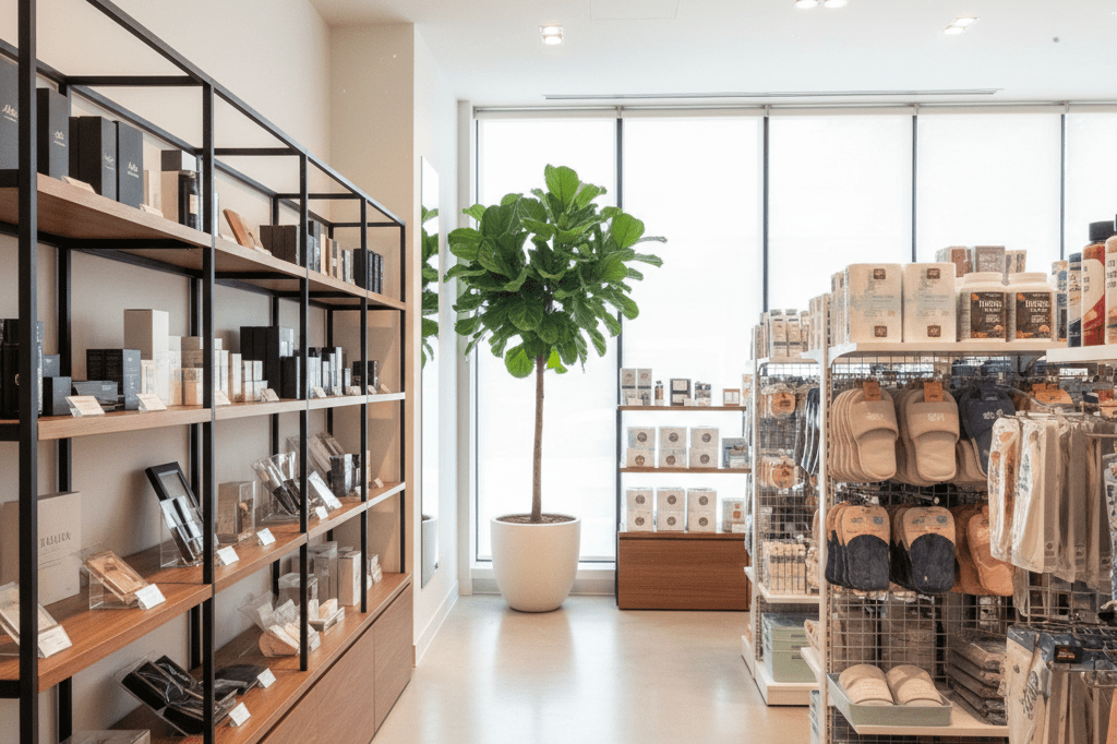 Elegant retail store displaying premium and value-based products under warm natural light, reflecting smart merchandising strategies for senior shoppers