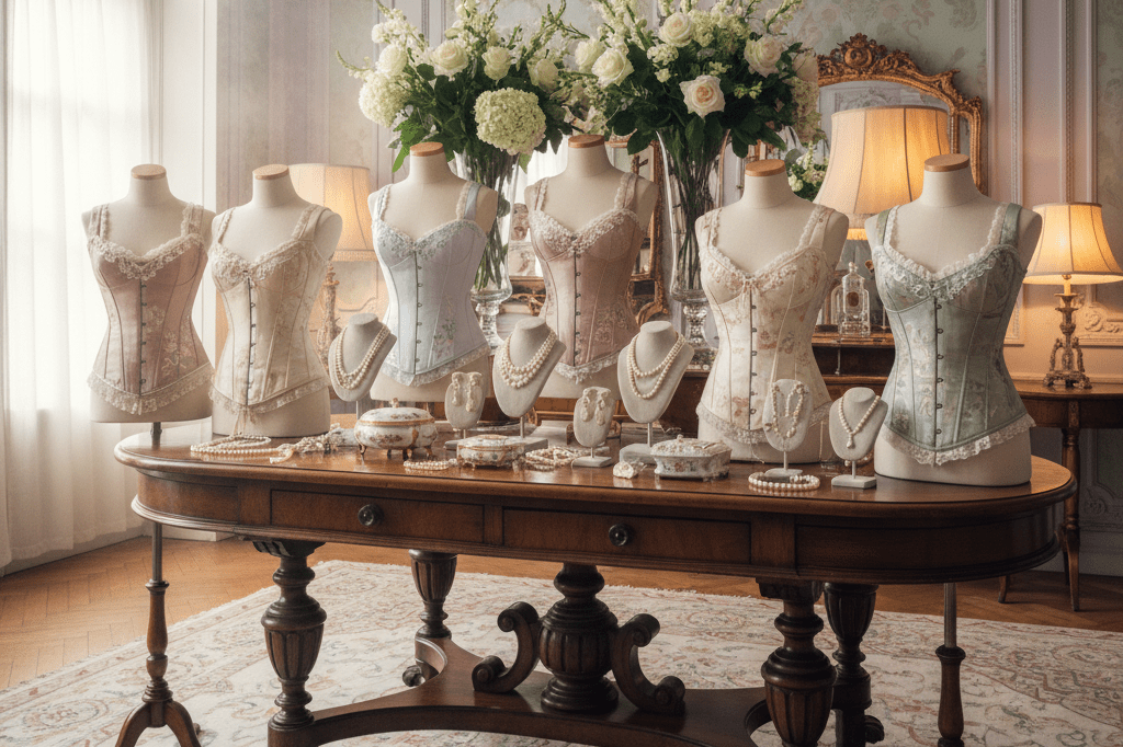Regency-themed retail display featuring corset tops, pearls, and flowers under soft window lighting evoking timeless sophistication