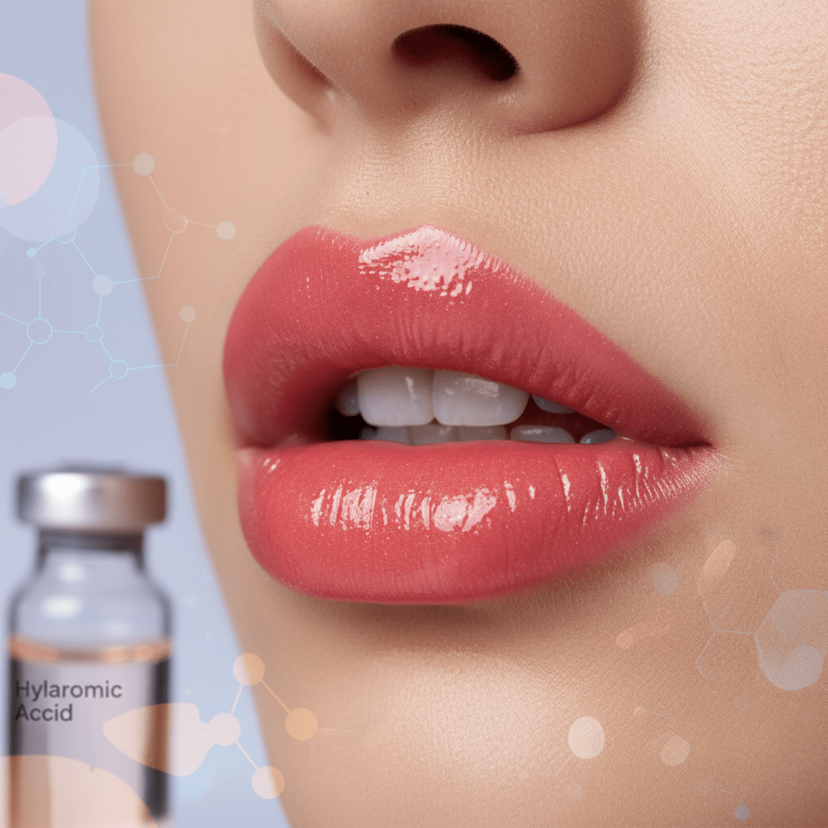 Model's lips with vibrant warm pink lip gloss, high-shine finish, and smooth texture.