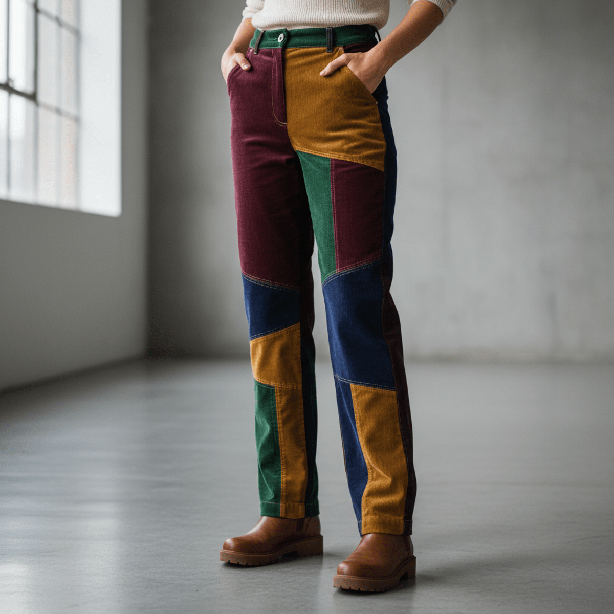 Model wears corduroy pants with asymmetrical patchwork in rich autumn colors.
