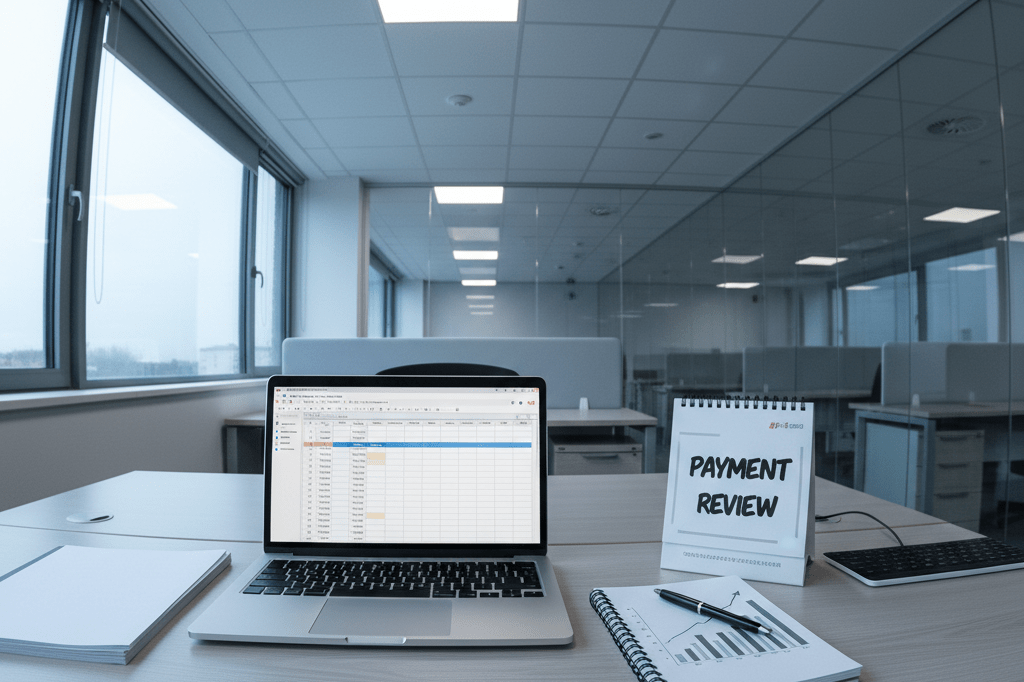 Unoccupied financial office desk with laptop, notepad, and calendar under soft ambient light, highlighting accountability and operational oversight