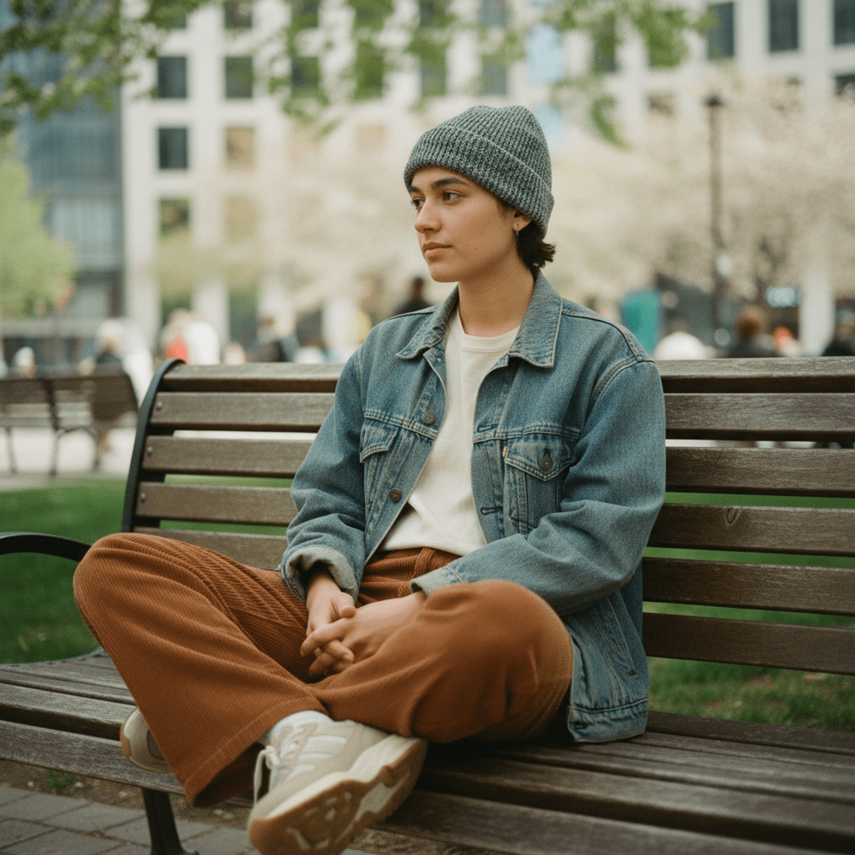 Young adult in recycled beanie and corduroy pants sits on a park bench.