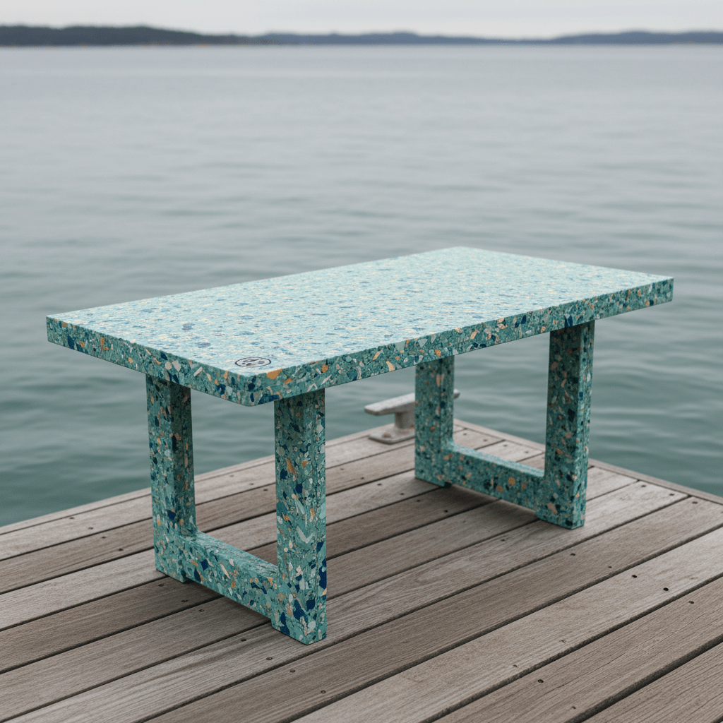 Modern fishing table made from recycled ocean plastic with a flecked surface pattern.