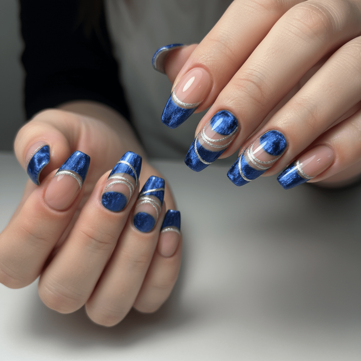 Nude nails with shimmering metallic velvet cat-eye French tips and shifting light lines.