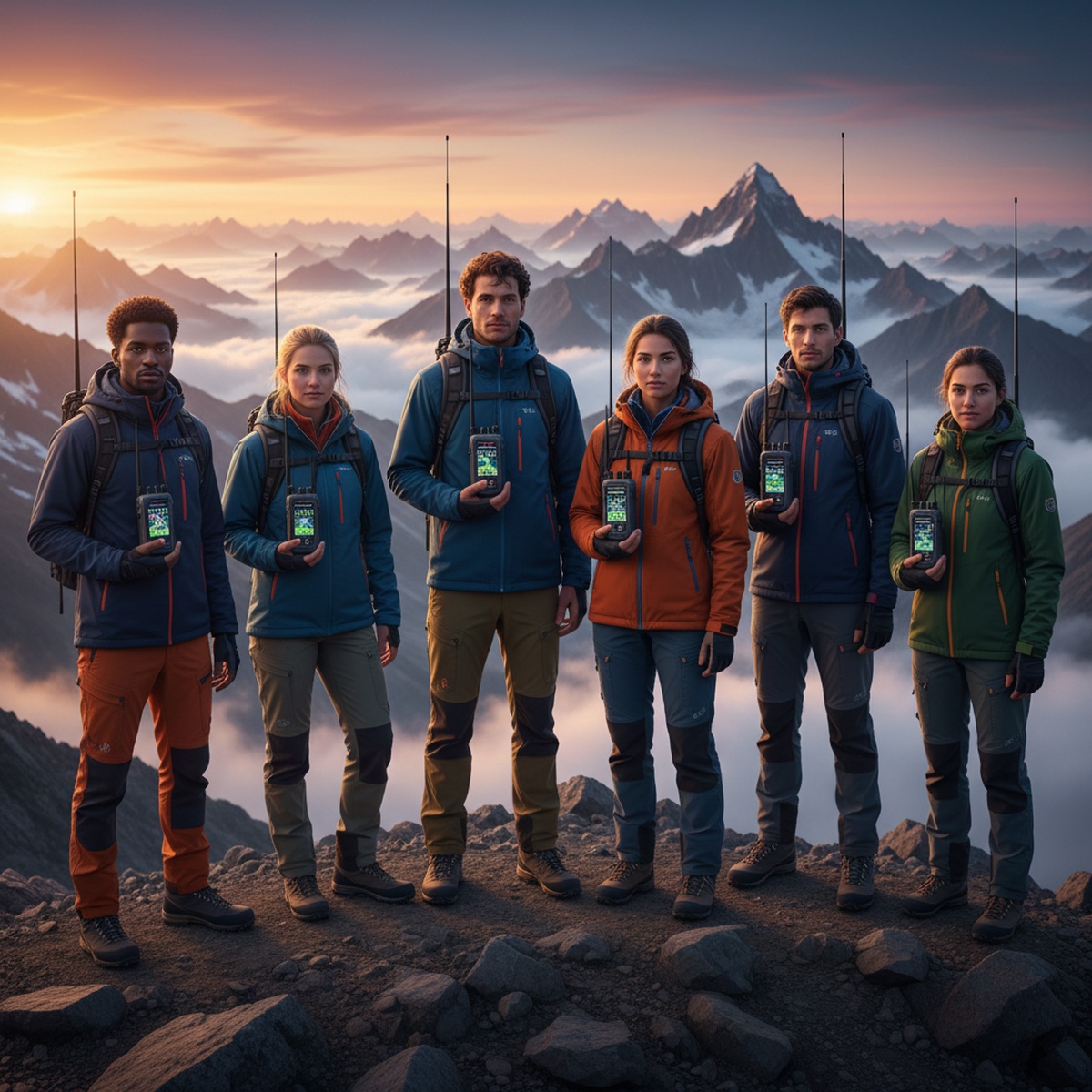 Adventurers on mountain summit with long range radios at golden hour.